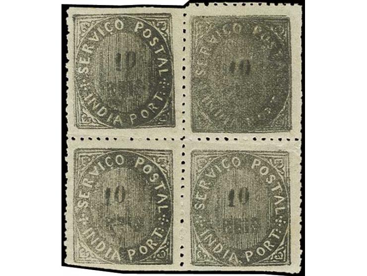 10 r. black, block of 4, the upper right stamp with doubled frame, unused o.g. (AF no. 26)