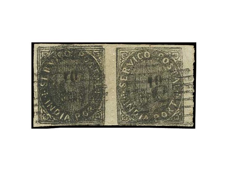 10 r. black, horizontal pair, the left stamp with variety "double frame", used with numeral "5" of Margao, fine and scarce (A