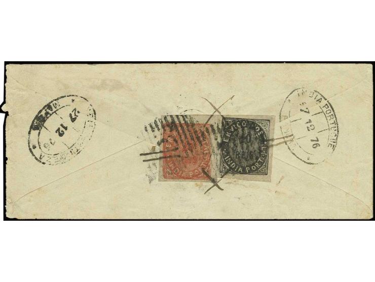 10 r. black and 20 r. vermilion, tied by numeral "2" and pen strokes to small cover from "MAPUCA 27 12 75" to Margao with tra