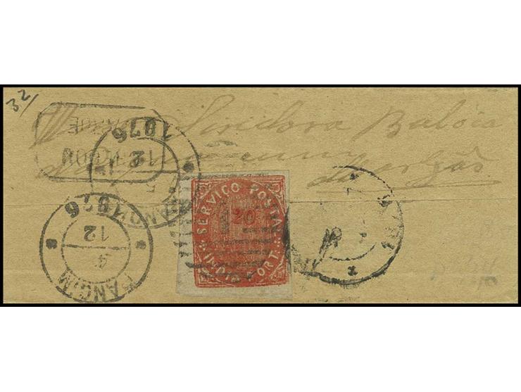 20 r. vermilion tied to small folded cover from "PANGIM 4/12 1876" to Margao with adjacent boxed "CHEGOU TARDE" (AF no. 28)