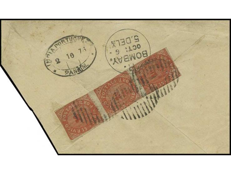 20 r. vermilion, vertical strip of 3 tied by numeral "1" to opened out cover from "PANGIM 2 10 76" to Bombay with boxed "POST