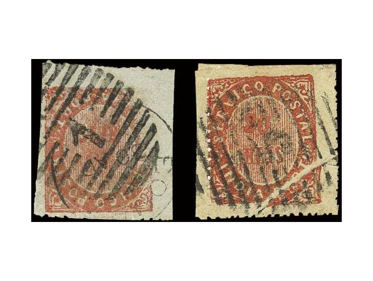 20 r. vermilion, 2 used copies, one with print of the lower left corner almost completely missing, the other one with large p