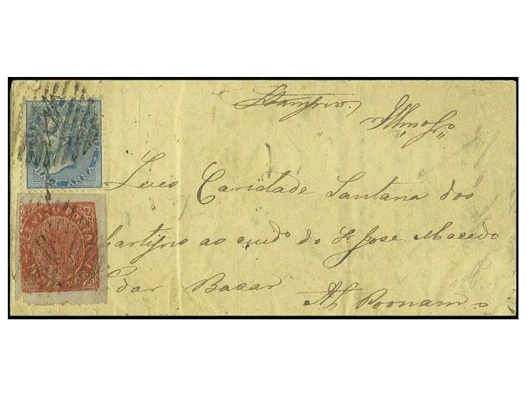 20 r. vermilion in combination with India ½ a. blue, tied to small folded letter from "MAPUCA 3 8 76" to Poona with transit a
