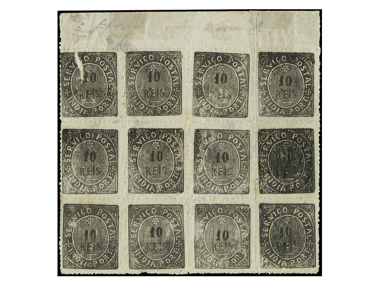 Die II with re-cut frame: 10 r. black, horizontal block of 12 from the upper sheet margin, one stamp with natural paper fold,