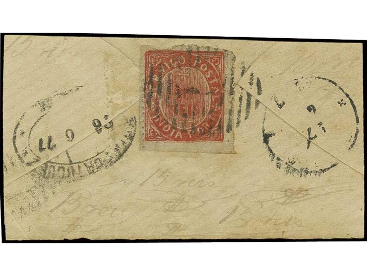 20 r. vermilion, tied by numeral "1" of Pangim to large piece; scarce (AF no. 41) Provenance: Goncalves