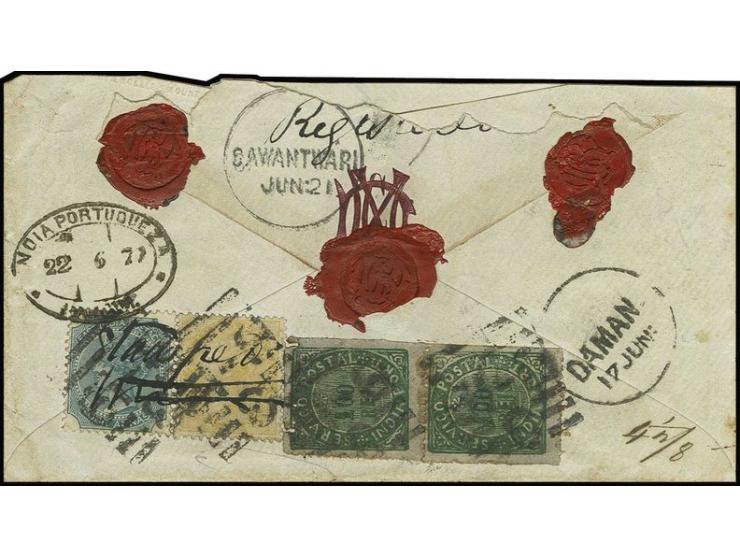 100 r. green in vertical pair in combination with India 2 a. yellow and 4 a. green, tied to registered envelope from "DAMAN 1