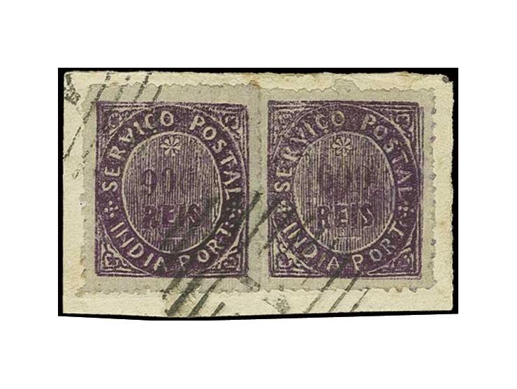600 r. violet and 900 r. violet, tied by numeral "1" of Pangim to small piece, scarce (AF no. 46-47)