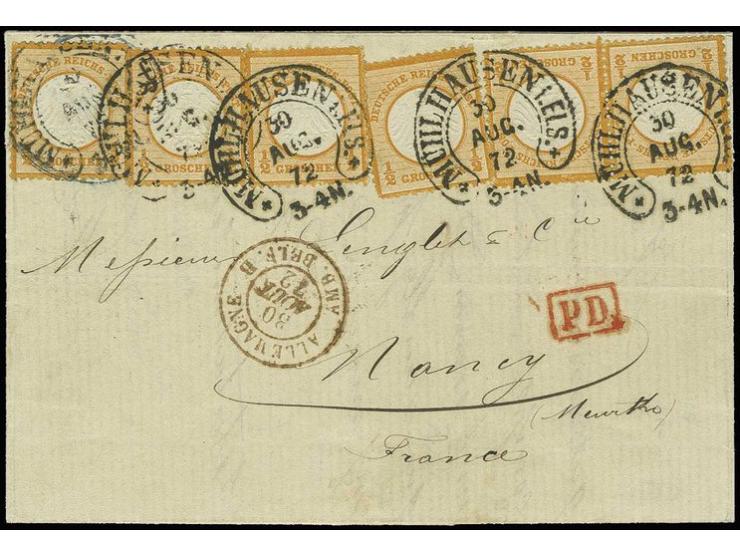 ½ Groschen orange, waagerechtes Paar und 4 Einzelwerte als seltene Mehrfachfrankatur mit Hufeisenstempel "MÜHLHAUSEN i. ELS. 