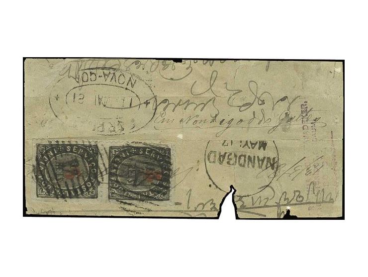 5 on 1876, die I 10 r. black, horizontal pair, tied by numeral "4" of Ponda to large part of cover; very scarce (AF no. 62 (3