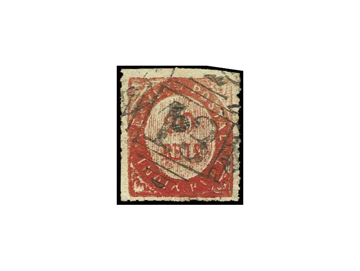 5 on 1873, 20 r. vermilion, used with numeral "13" DAMAUN, fine (AF no. 64 (17))