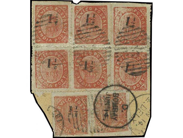 1½ on 1876, type IIB in horizontal pair, together with block of 6 type ID, tied by numeral "5" and partly by Bombay cds. to p