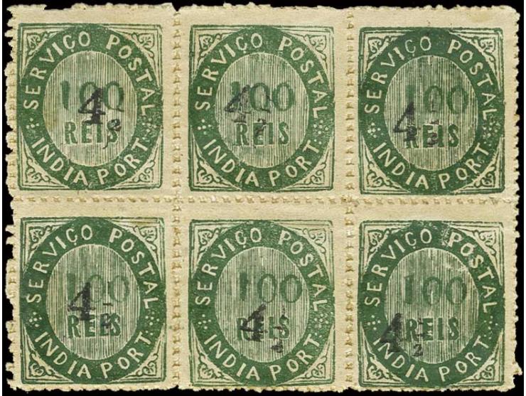 4½ on 1871, 100 r. green on wove paper (espezo), horizontal block of 6, unused o.g., a scarce multiple (AF no. 124 (11))