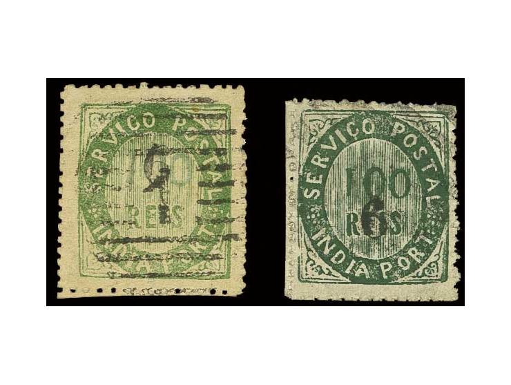 6 on 1871, 100 r. type II, yellow green and dark green, both on laid paper (avergoado), used, fine (AF no. 125 (11))