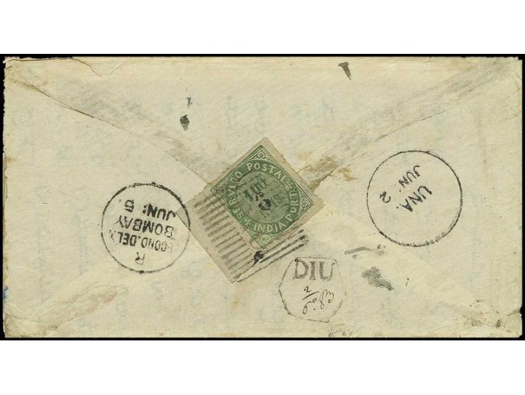6 on 1876, 100 r. green with left sheet margin, tied by clear "DIU" to envelope with original contents 1883, to Bombay with t