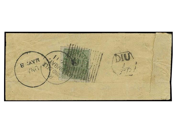 6 on 1876, 100 r. green, tied by clear "DIU" to small native cover 1883, to Bombay, fine and scarce, certificate Nucleo Filat