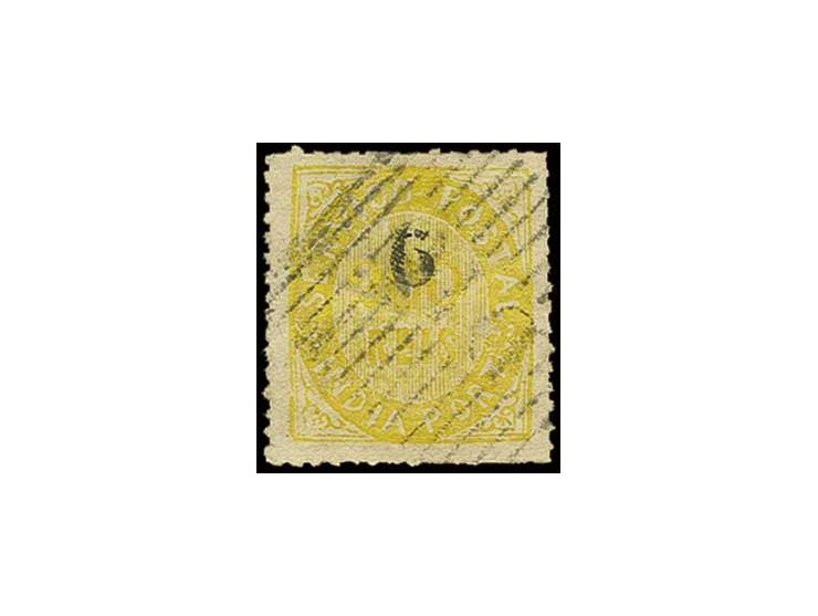 6 on 1871, 200 r. yellow, wove paper (espesso), used "DIU", fine (AF no. 126 (12))