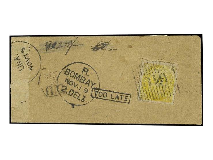 6 on 1871, 200 r. yellow, wove paper (espesso), tied by clear "DIU" to small native cover 1883, to Bombay with adjacent boxed