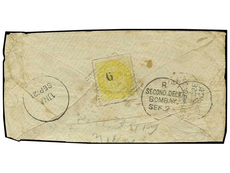 6 on 1871, 200 r. yellow, wove paper, tied by "DIU" to small envelope to Bombay, light crease (AF. no. 126 (12))