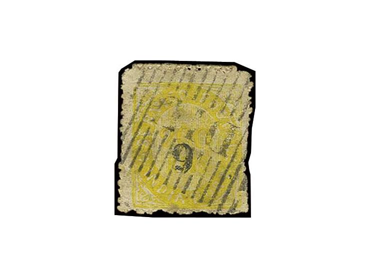 6 on 1871, 200 r. yellow on laid paper with variety "Surcharge inverted", used "DIU", fine (AF no. 126 (12))