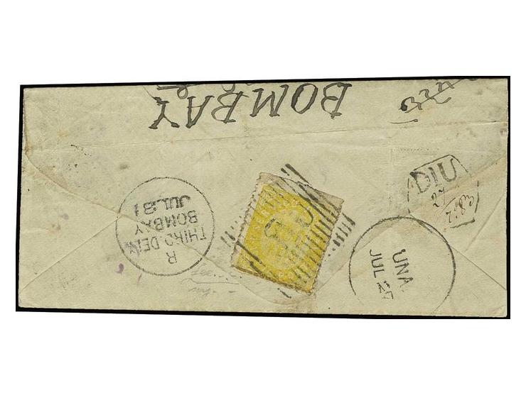 6 on 1871, 200 r. yellow on laid paper (avergoado) tied by "DIU" to small native cover to Bombay, fine and scarce (AF no. 126