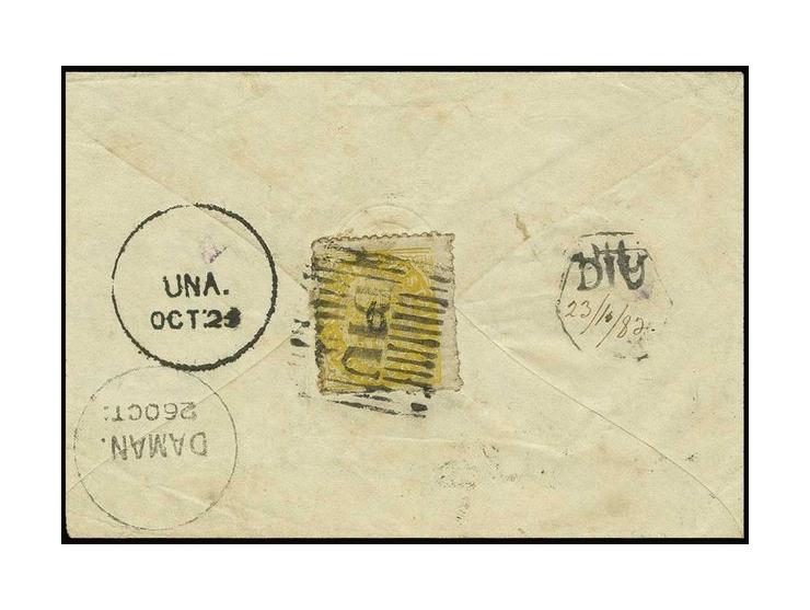 6 on 1871, 200 r. yellow on laid paper (avergoado) tied by "DIU" to small native cover to Damaun, fine and scarce (AF no. 126