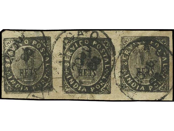 1883, final issues, die I: 1½ r. black in horizontal strip of 3, used with Nova Goa date stamp, fine and scarce (AF no. 127)