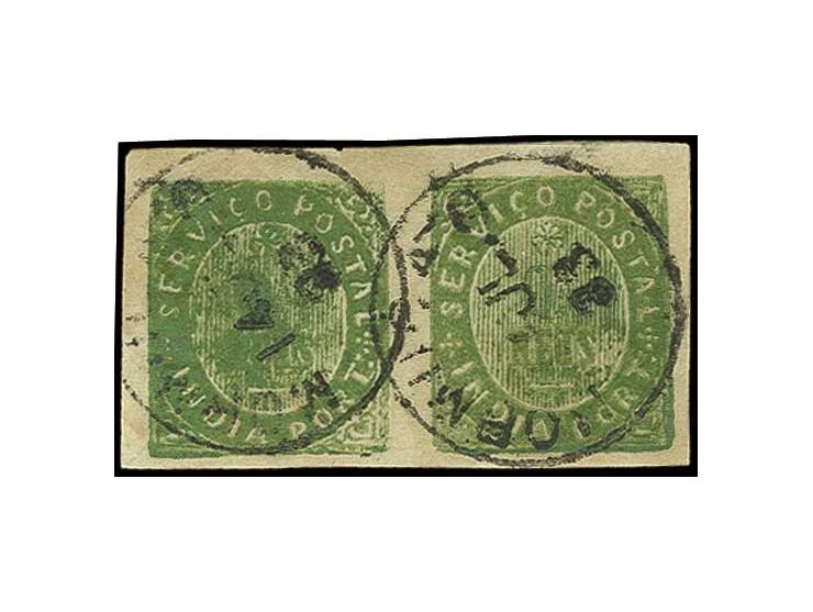 6 r. green in horizontal pair, cancelled "MORMUGAO 14 JUL. 88", fine (AF no. 128)