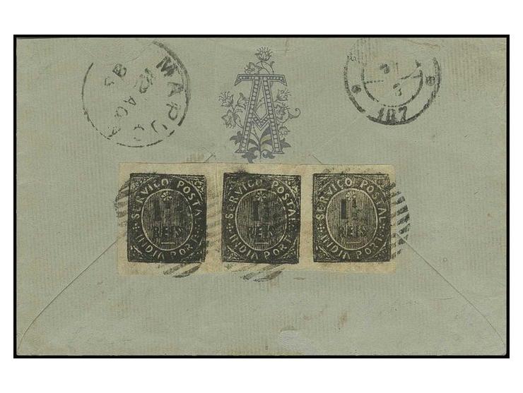 1½ r. black in horizontal strip of 3, tied to reverse of cover from Pangim 1885, to Mapuca. The only known strip of 3 on cove