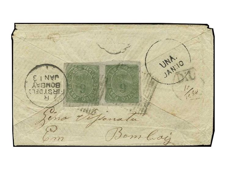 6 r. green, horizontal pair tied to cover from "DIU" to Bombay; a fine and scarce double-rate cover (AF no. 131) Provenance: 