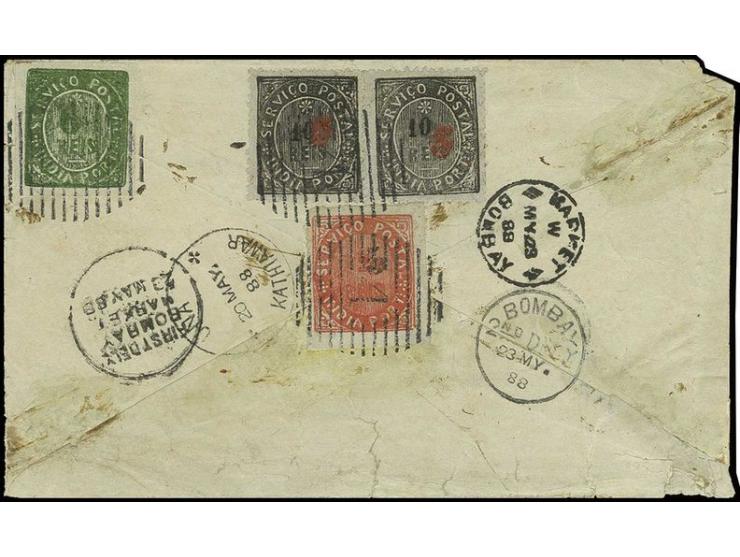 6 r. green on cover from Ponda to Bombay with additional franking surcharge issue 5 on 10 r. in horizontal pair and 5 on 20 r