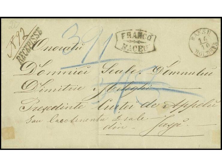 "BAKEU MOLDOVA 16/10", cds. on sealed registered cover with adjacent "FRANCO BAKEU" und "RECEPISSE" to Jassy with arrival mar