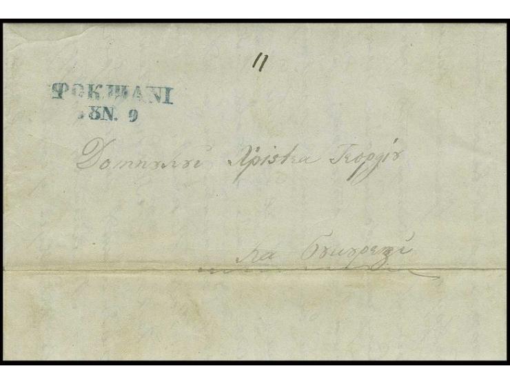 "FOKSANI JUN 9", blue cyrillic double line on cpl. dated cover 1854 to Bucarest, horizontal filing crease
