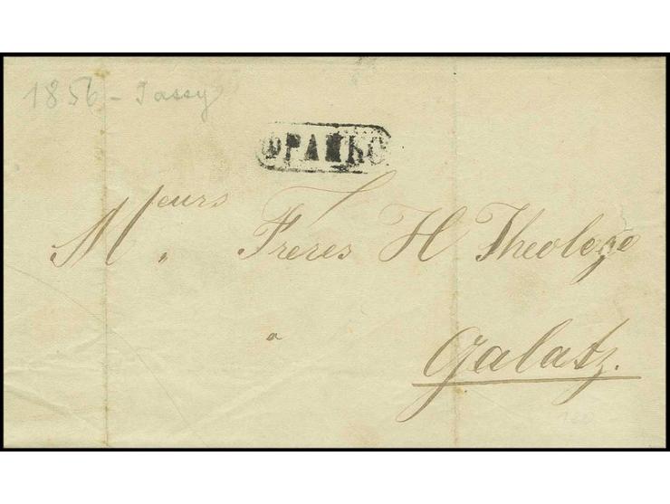 "FRANCO", cyrillic cancel in type II on dated folded cover 1856, from Jassy to Galatz, 2 vertical filing creases