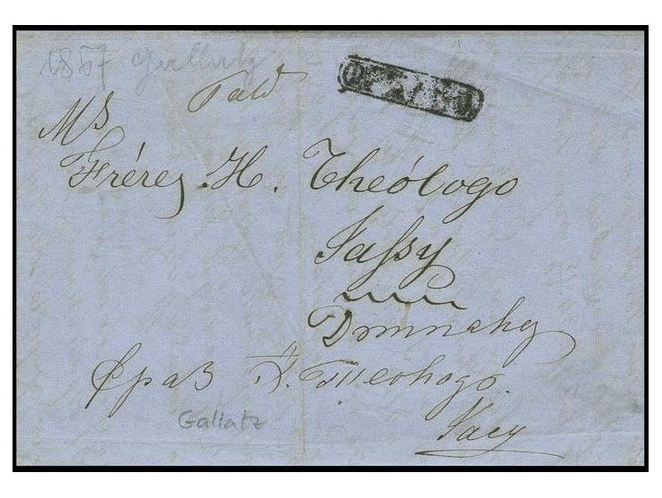 "FRANCO", cyrillic cancel on dated folded cover 1857, from Galatz to Jassy with sender's mark on reverse