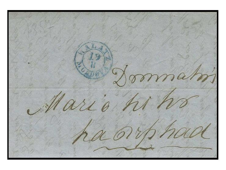 "GALATZ MOLDOVA 19 8", blue cds. on cpl. dated cover 1857, to Berlad