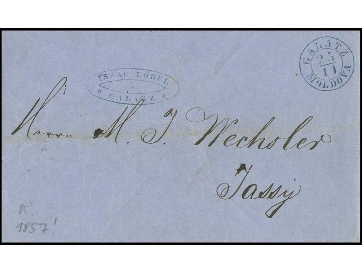 "GALATZ MOLDOVA 25/11", blue cds. on cpl. dated letter 1857, to Jassy, horizontal filing crease