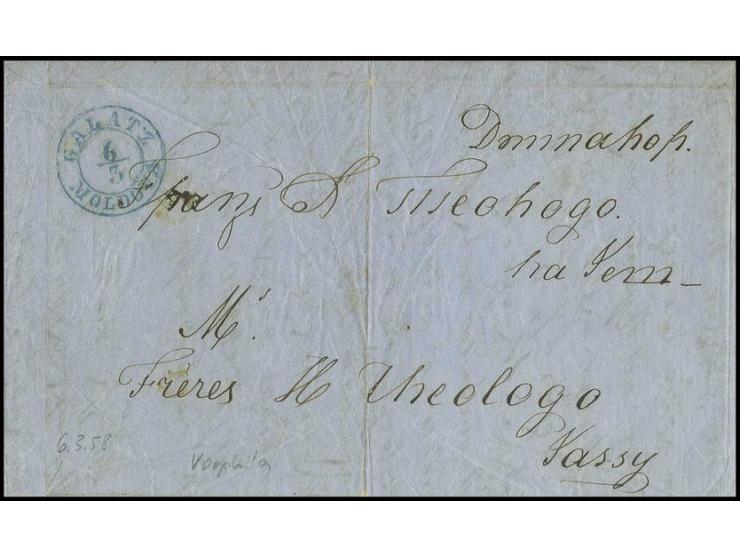 "GALATZ MOLDOVA 6/3", blue cds. on cpl. dated letter 1858, to Jassy with arrival mark, vertical filing crease
