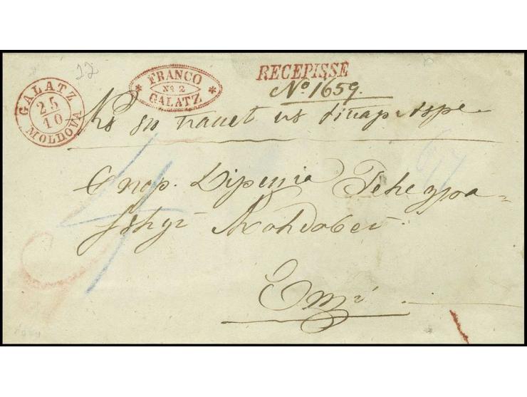 "GALATZ MOLDOVA 25/19", cds. on registered cover with adjacent oval  "FRANCO GALATZ No. 2" and straight line "RECEPISSE" (all