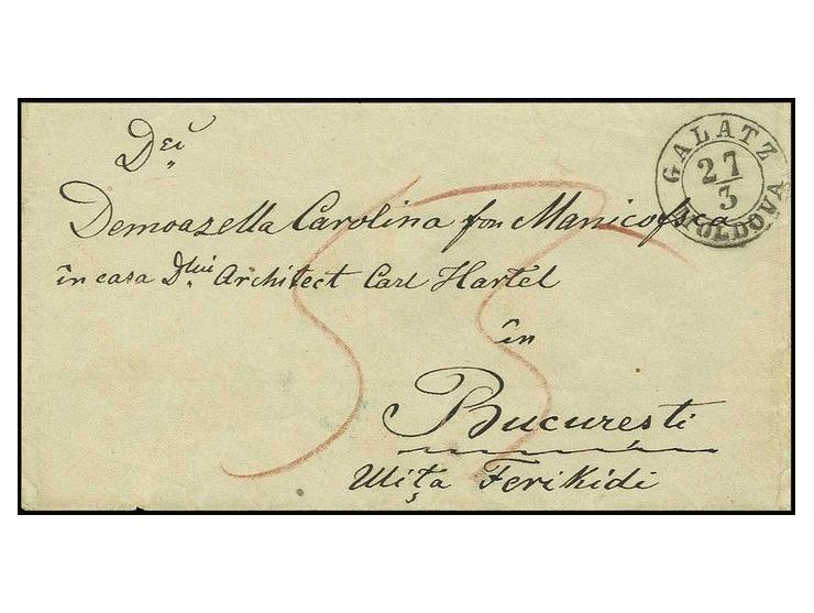 "GALATZ MOLDOVA 27.3", cds. on cover to Bucarest with arrival mark; on reverse sender's mark of the Royal Prussian Vice Consu