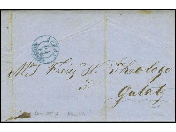 "JASSY MOLDOVA 23.12.", blue cds. on cpl. dated cover 1857, to Galatz, 2 vertical filing creases