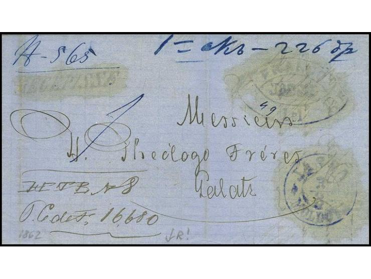 "JASSY MOLDOVA 3.3.", blue cds. on registered accompanying letter 1862, for a shipment to Galatz with oval "FRANCO JASSY" wit