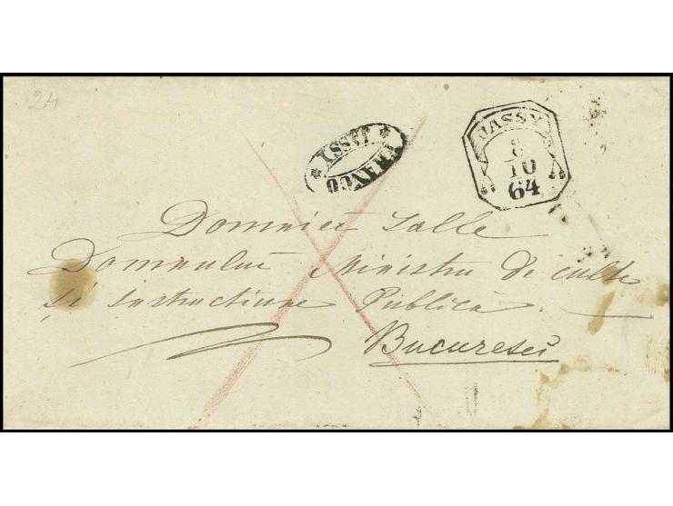 "JASSY 8/10 64", drapery cancel on cover to Bucarest with adjacent "FRANCO JASSY"  in oval; arrival mark, little stained