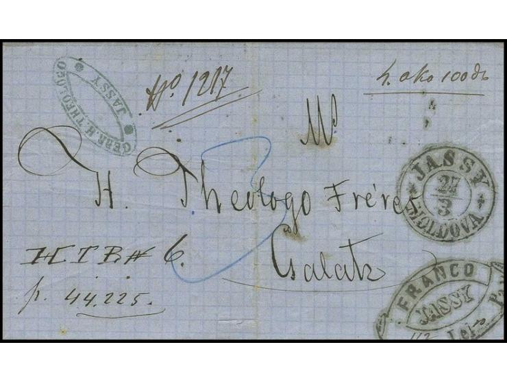 "JASSY MOLDOVA 27.3.", on accompanying letter 1864, for a shipment to Galatz with adjacent "FRANCO JASSY", letter fee 112 lei