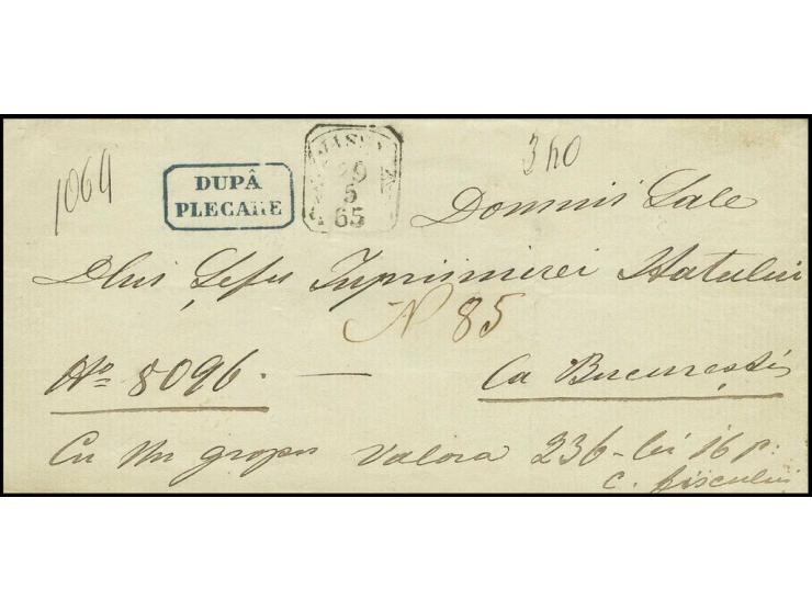 "JASSY 29.5.65", drapery cancel on accompanying cover 1865, for a shipment to Bucarest with adjacent blue "DUPA PLECARE"; arr