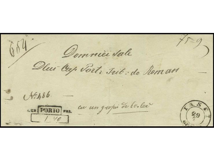 "IASSI 29.1.", cds. on accompanying letter for a shipment to Roman with adjacent "PORTO", letter fee 1 lei 40 para; seal on r