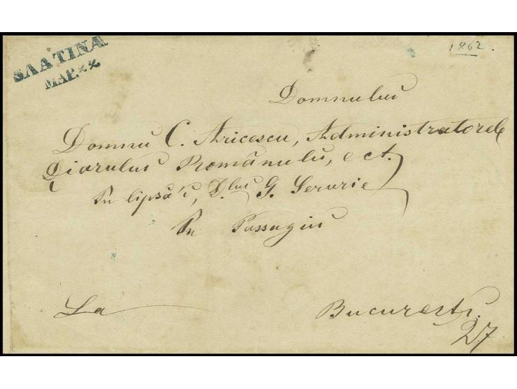 "SLATINA MAR 22", blue cyrillic double line on folded cover 1862 (ca.), to the historian, author and journalist C. Aricescu t