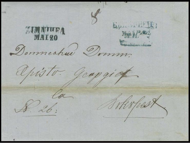 "ZIMNICEA MAI 20", blueish black cyrillic double line in type II on cpl. dated folded cover 1861, to Bucarest with cyrillic a