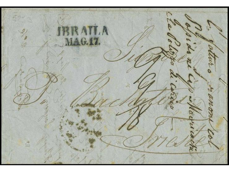 "IBRAILA MAG 17", blueish black double line on dated cover 1853, to Triest with transit and arrival marks