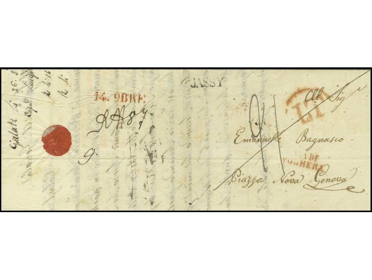 "JASSY", straight line on dated letter 1840, from Galatz to Genua with red "LT" and "VIA DI VOGHERA"; on reverse manuscript d