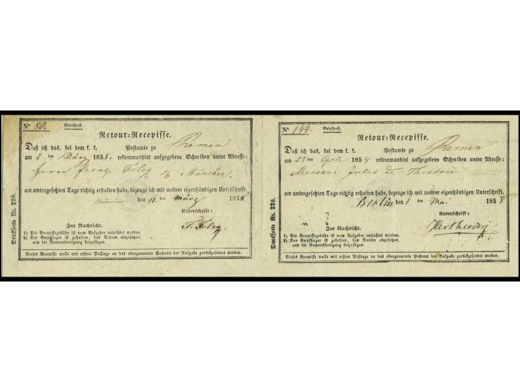 2 acknowledgements of receipt 1858 from Roman to Berlin and Munich, the first one with arrival mark